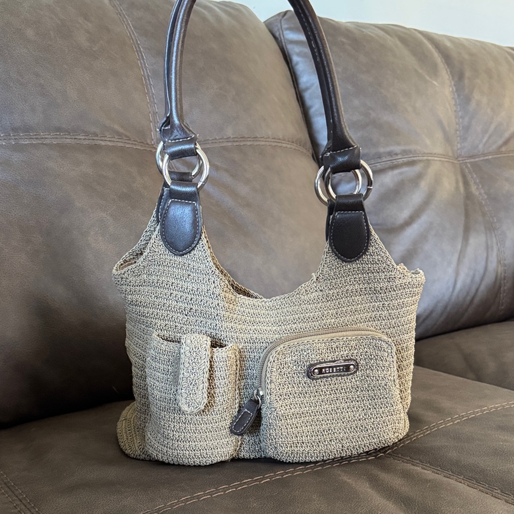 Rosetti Vintage Tan Woven Shoulder Bag with Dark Brown Trim